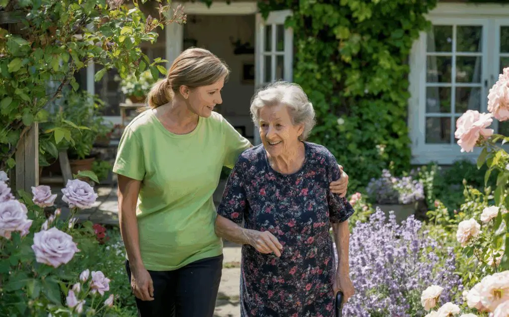 Eine Thekook Pflegekraft begleitet eine Seniorin.