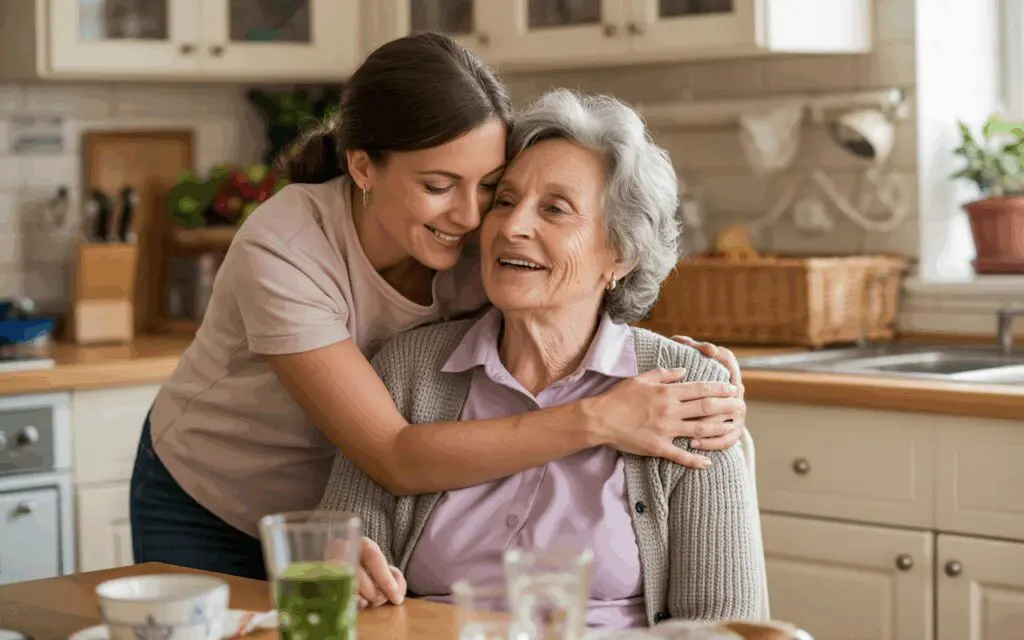 Erwachsene Tochter umarmt ihre ältere Mutter im Wohnzimmer – Symbol für die enge Bindung und die Entscheidung zwischen Pflege zu Hause oder im Heim.