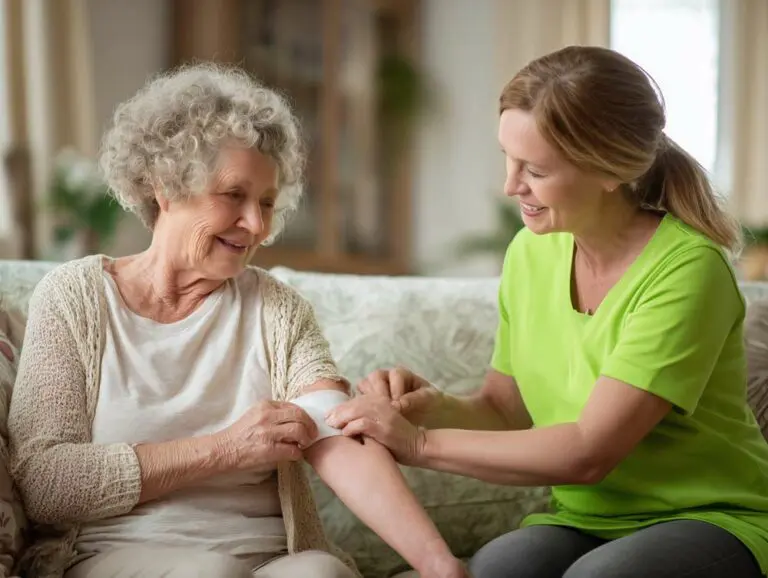 Eine Pflegekraft in limettengrünem T-Shirt versorgt die Wunde einer älteren Dame im heimischen Wohnzimmer.