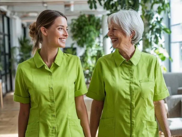 Zwei Pflegekräfte in limegrünen Shirts gehen lächelnd nebeneinander und zeigen Teamgeist
