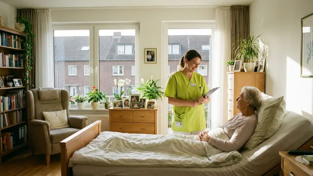 Eine Pflegekraft von Pflegedienst Thekook im limegrünen Shirt führt ein ruhiges Beratungsgespräch mit einer älteren Frau in deren Wohnzimmer.