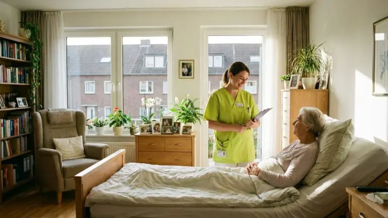Eine Pflegekraft von Pflegedienst Thekook im limegrünen Shirt führt ein ruhiges Beratungsgespräch mit einer älteren Frau in deren Wohnzimmer.