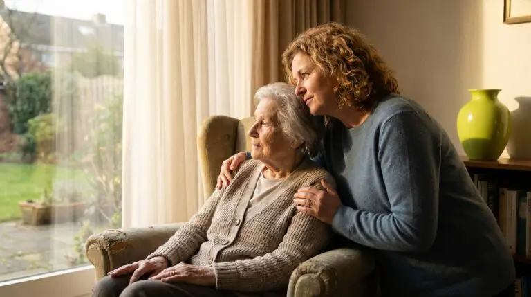 Tochter legt ihrer älteren Mutter im Sessel liebevoll den Arm um die Schulter, beide blicken ruhig aus dem Fenster im eigenen Zuhause
