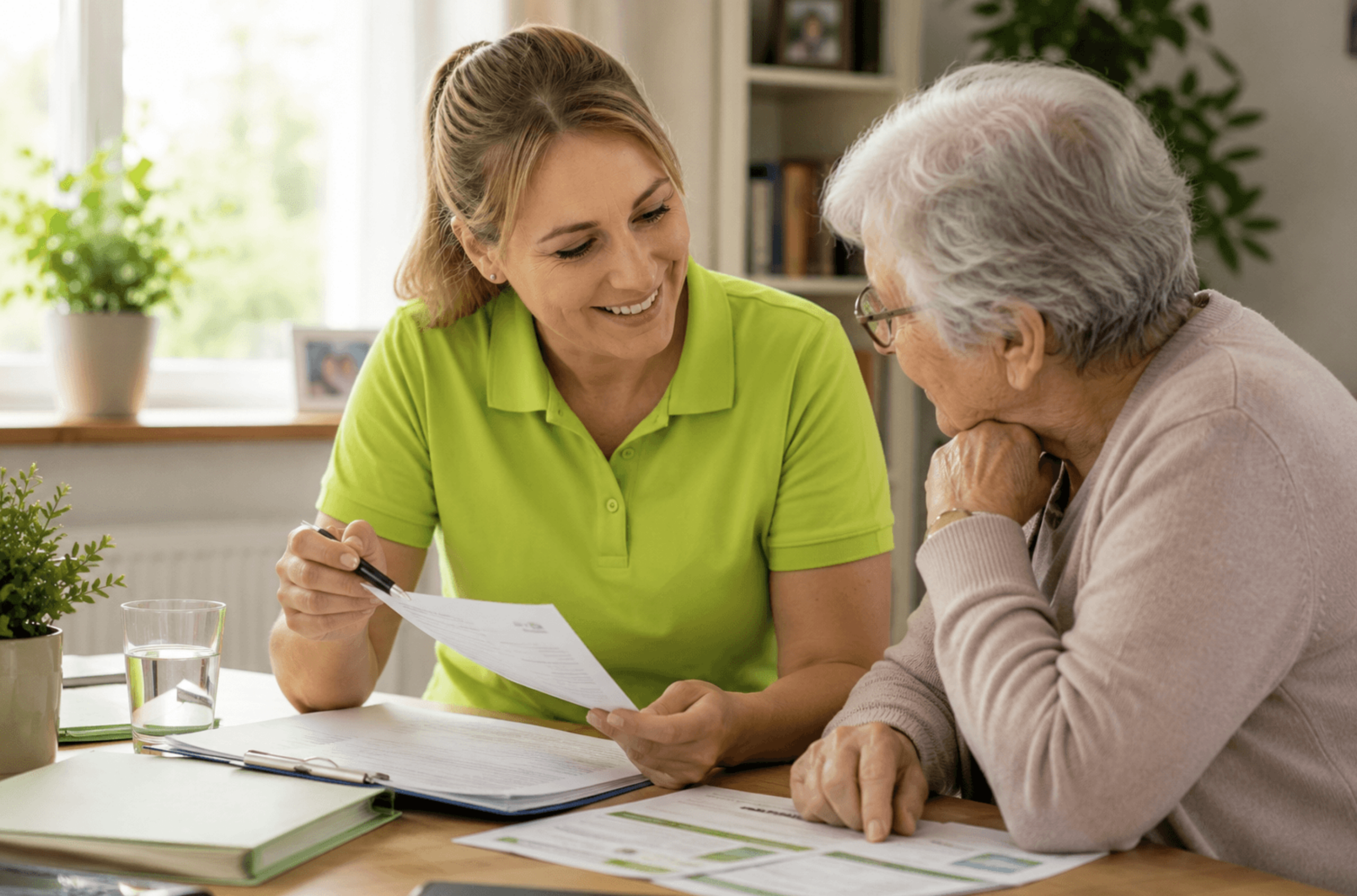 Mitarbeiterin des Pflegedienstes Thekook im limegreen Poloshirt erklärt einer Seniorin Unterlagen zur Erhöhung des Pflegegrades.