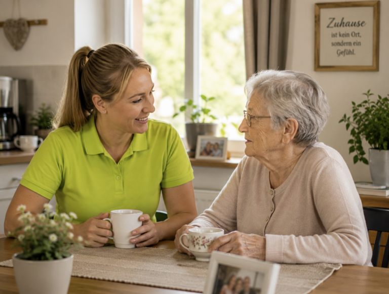 Mitarbeiterin eines Pflegedienstes im limegreen Poloshirt führt bei einer Tasse Kaffee ein persönliches Gespräch mit einer Seniorin in deren Zuhause.
