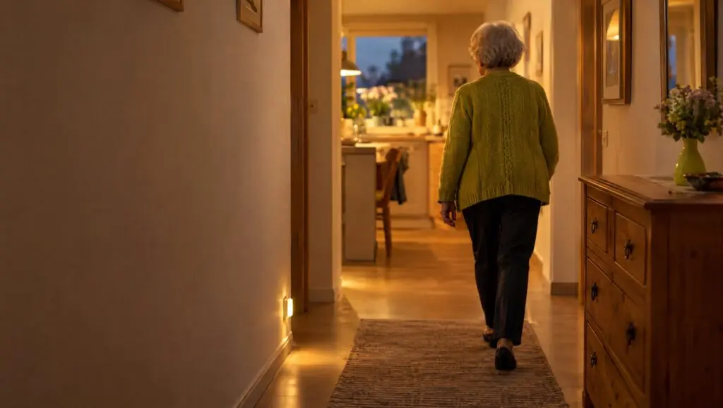 Seniorin geht am Abend sicher durch einen warm beleuchteten Flur – so lässt sich einem Sturz im Alter vorbeugen
