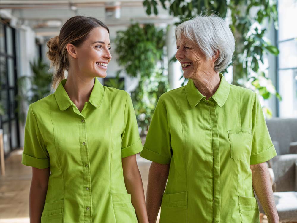Zwei Pflegekräfte in limegrünen Shirts gehen lächelnd nebeneinander und zeigen Teamgeist