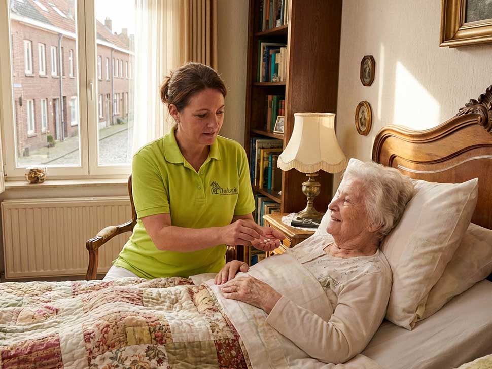 Ältere Frau erhält Medikamente im Bett – Thekook Pflegekraft mit Herz