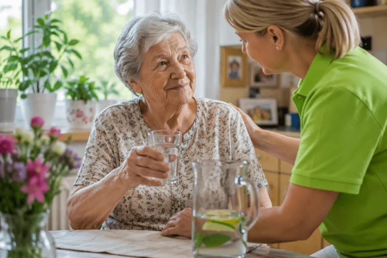 Eine Pflegekraft in limegrünem Shirt reicht einer älteren Frau in ihrem Zuhause ein Glas Wasser und unterstützt sie dabei, an heißen Sommertagen ausreichend zu trinken.