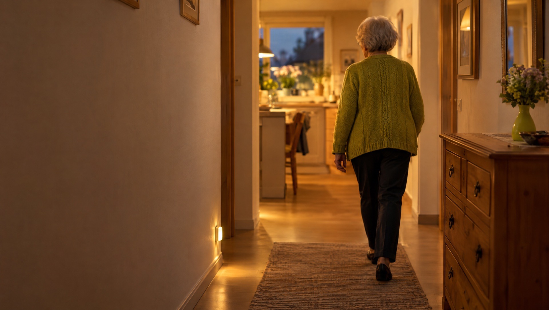 Seniorin geht am Abend sicher durch einen warm beleuchteten Flur – so lässt sich einem Sturz im Alter vorbeugen
